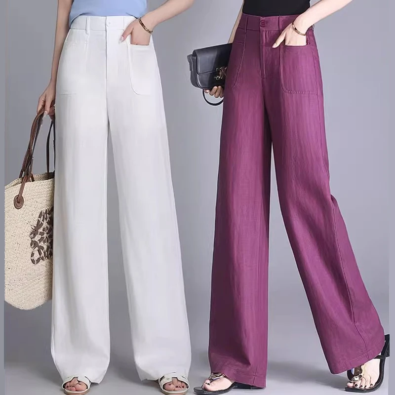 薄款亚麻休闲裤子女2025夏季高腰垂顺透气白色麻裤直筒裤阔腿裤