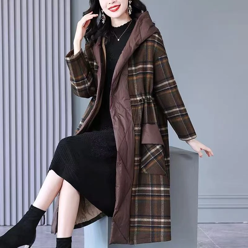 中长款常规款标准厚款中老年女装宽松女装大码加厚气质格子显瘦