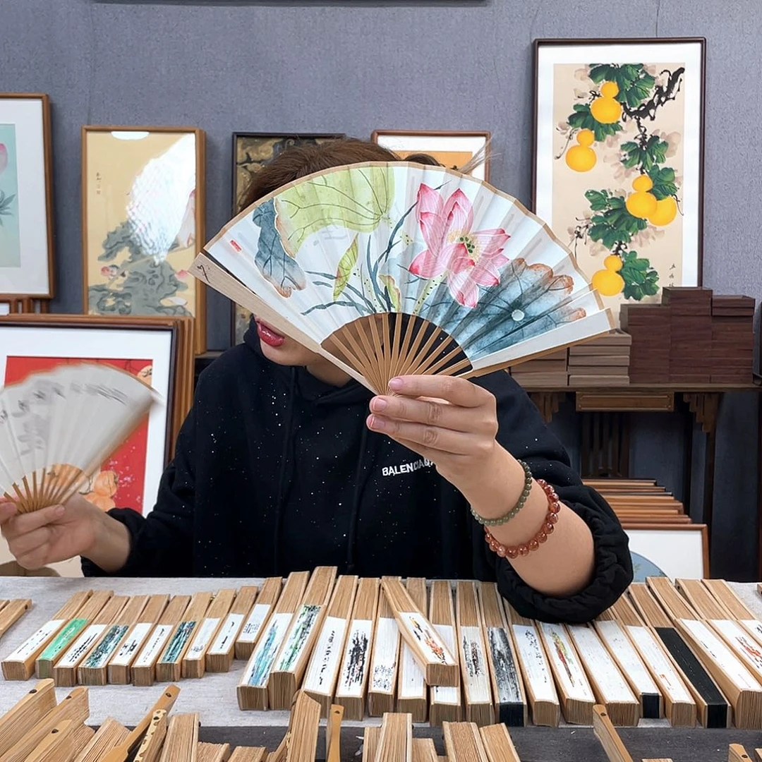 国画6寸玉竹-纯手绘-文玩扇骨（默认粘好）