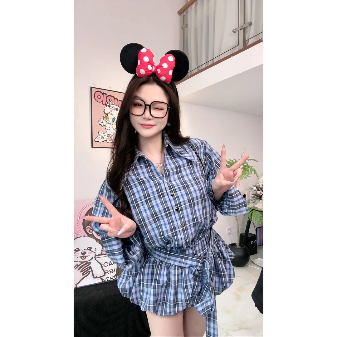 甜辣百搭时尚套装2025春季新款胖MM高级感格子衬衫上衣显瘦蓬蓬裙