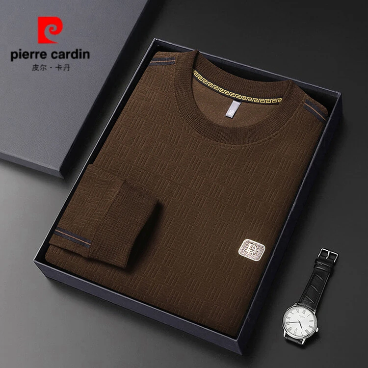 皮尔卡丹圆领t恤男长袖春秋新款百搭打底衫中年装格子潮流卫衣