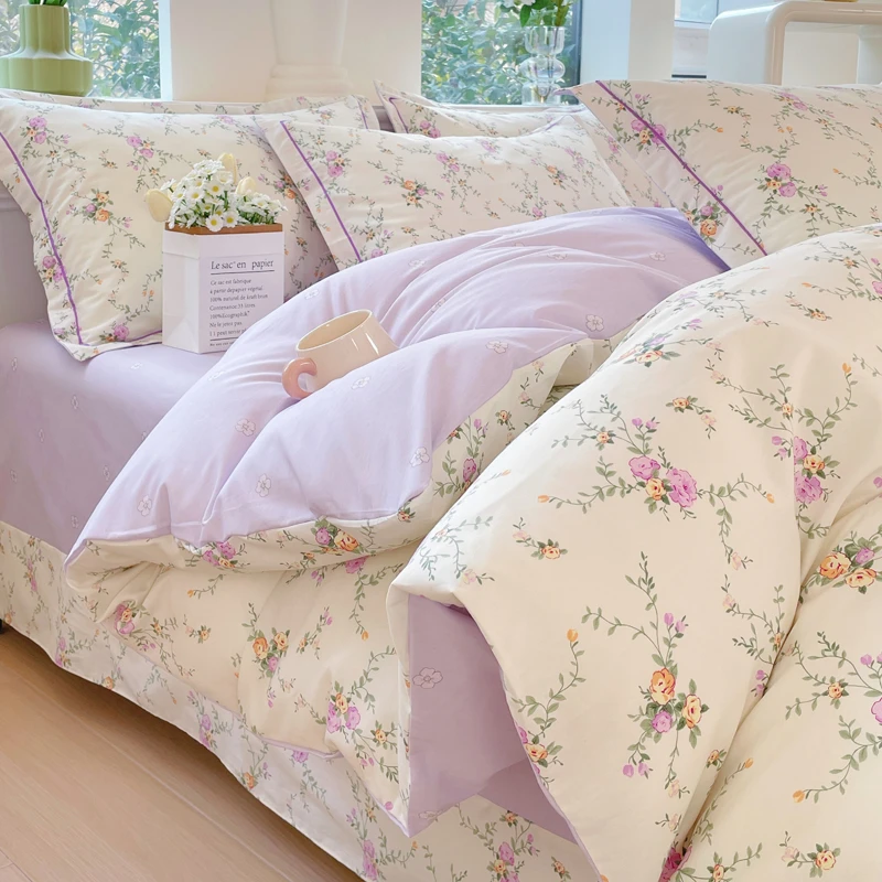 小碎花春季纯棉四件套全棉被套吊边床单一字绣枕套床上用品三件套