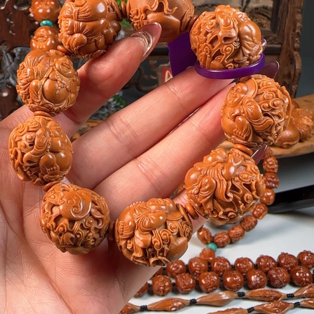 橄榄核手串/手链一**往宽2.3老树铁核满工祥云八宝弥勒佛