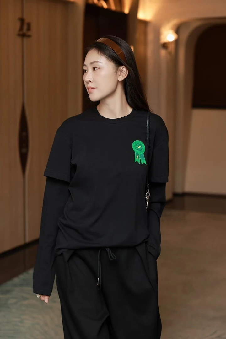 F3569新款假两件街头风宽松印花长袖T恤