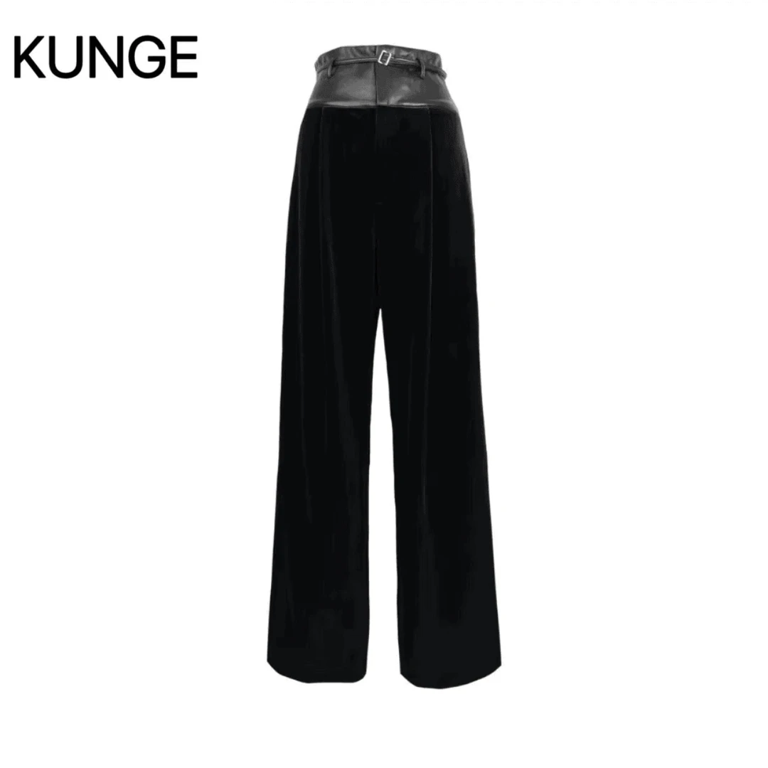 KUNGE-高腰宽松拼接设计感气质百搭阔腿丝绒裤-7800