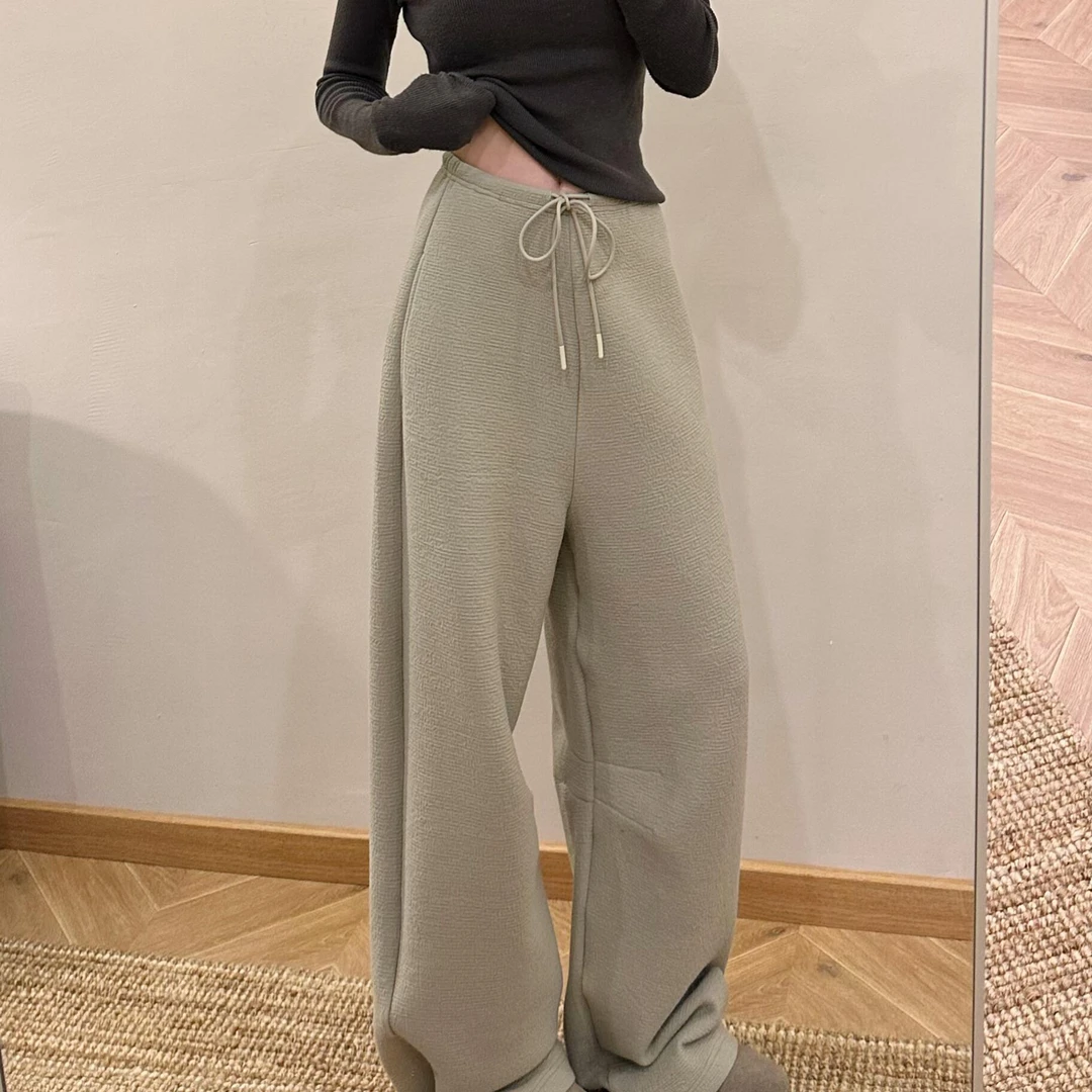 灰色抽绳卫裤女冬季加厚宽松阔腿裤直筒休闲百搭拖地裤慵懒风长裤