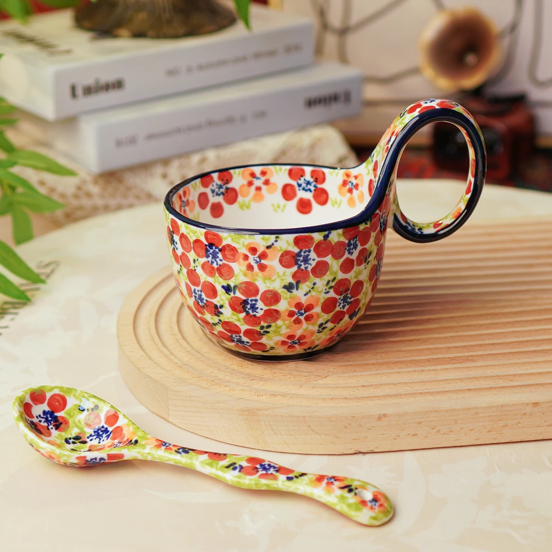 波兰瓷手绘釉下彩陶瓷杯450ml早餐杯咖啡杯麦片杯牛奶杯家用水杯