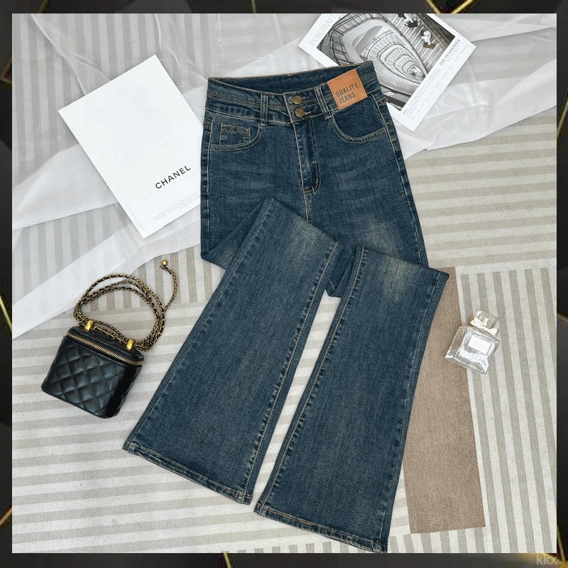 复古蓝双排扣微喇叭牛仔裤女秋冬新款高腰百搭修身显瘦裤显腿长