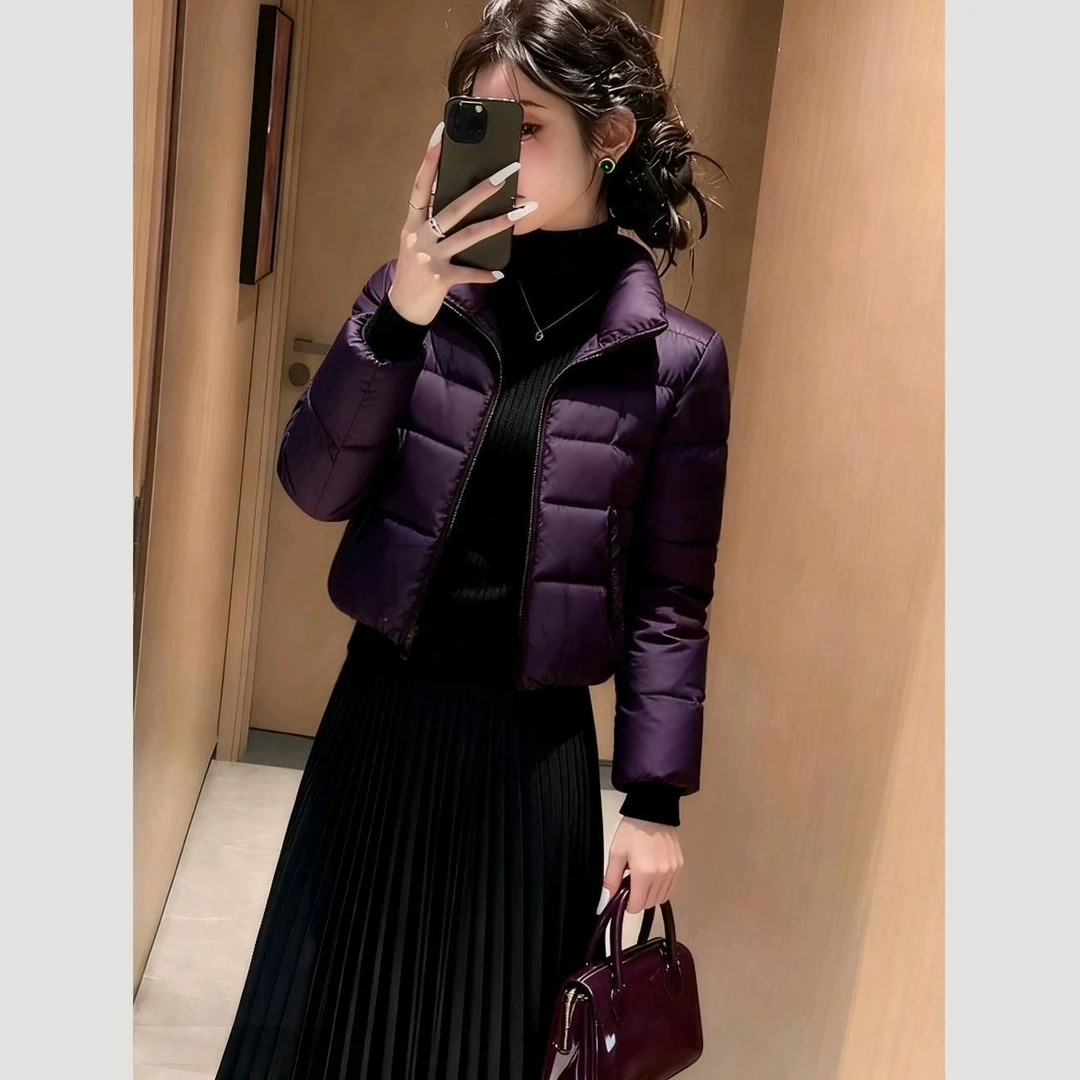 2025冬季新款紫色短款加厚棉服女立领显瘦保暖修身外套时尚洋气