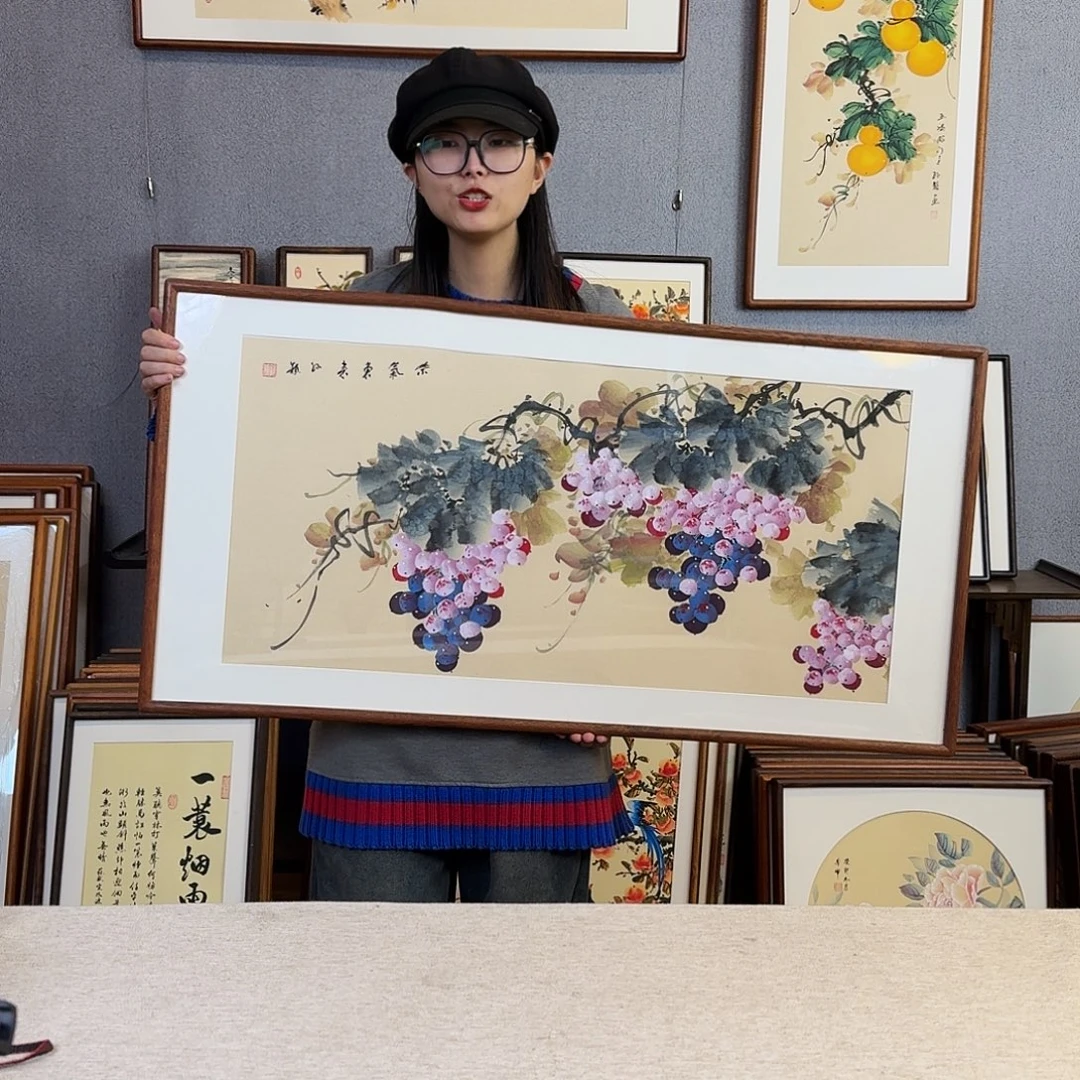 国画纯手绘，纯手写带框尺寸：53×103厘米
