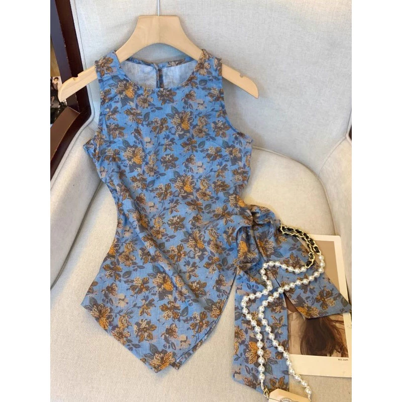 运补~国风独特法式碎花收腰背心小衫女夏日ins蓝色不规则无袖上衣