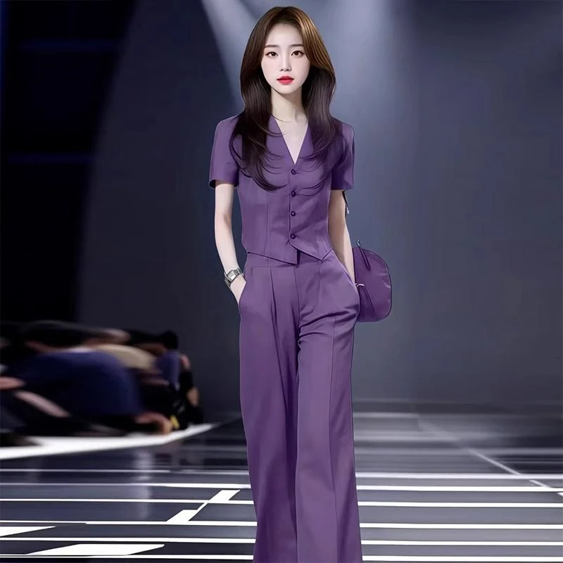 时尚套装女夏季新款洋气高级感职业套装显瘦V领上衣阔腿裤两件套