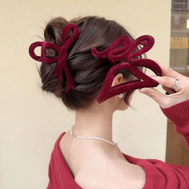 新年红覆古丝绒蝴蝶结抓夹女秋冬大号后脑勺发抓小香风鲨鱼发夹子