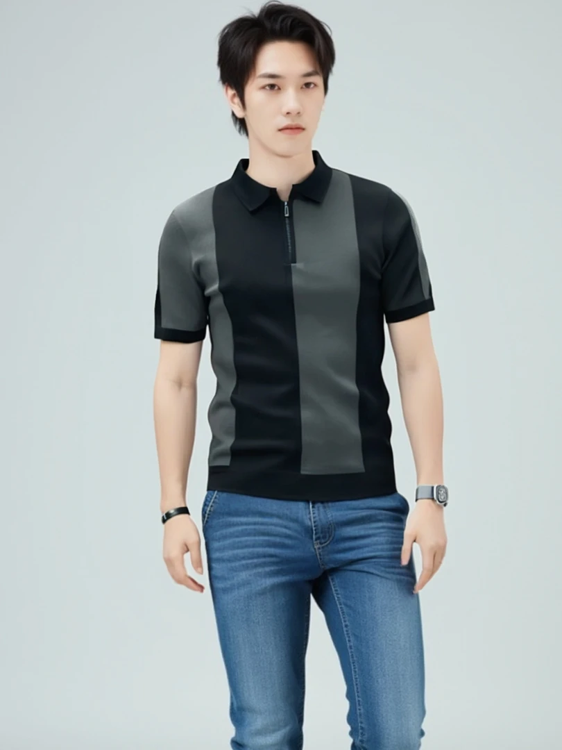 男士夏季高档针织冰丝T恤新款轻奢冰丝时尚短袖休闲T恤（现货现发）