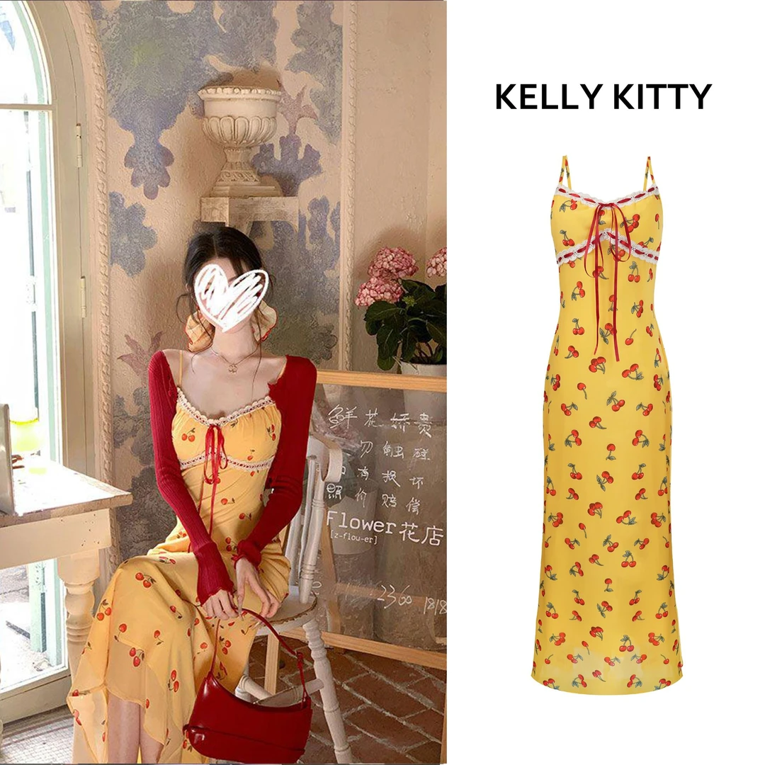 【夏日樱桃】蕾丝花边V领小樱桃印花连衣裙女新款法式长裙裙子D8092