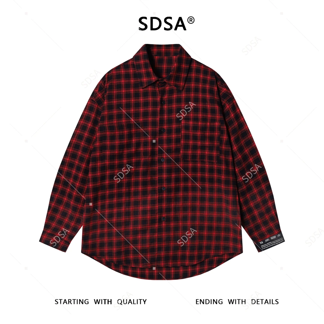SDSA男士秋冬新款痞帅男装韩版嘻哈撞色格纹格子纽扣翻领长袖衬衫
