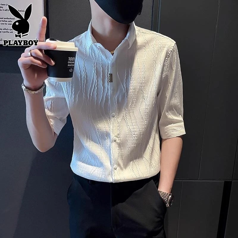 花花公子短袖衬衫男士新款宽松夏季薄款休闲翻领提花五分袖衬衣男