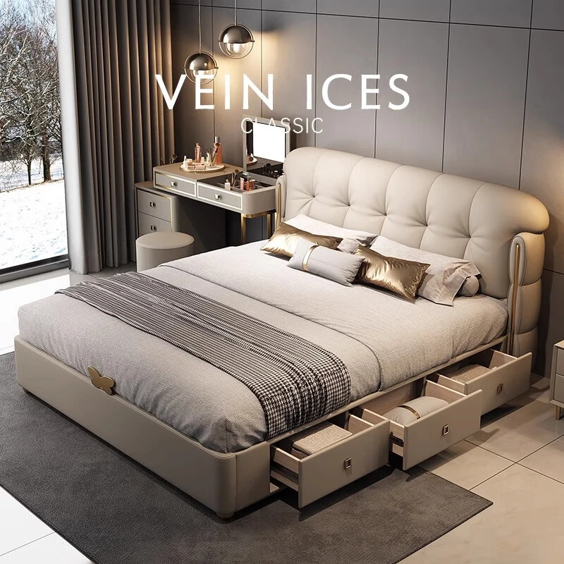 轻奢风真皮床现代简约1.8米2米主卧双人大床齐边2.2米储物新婚床