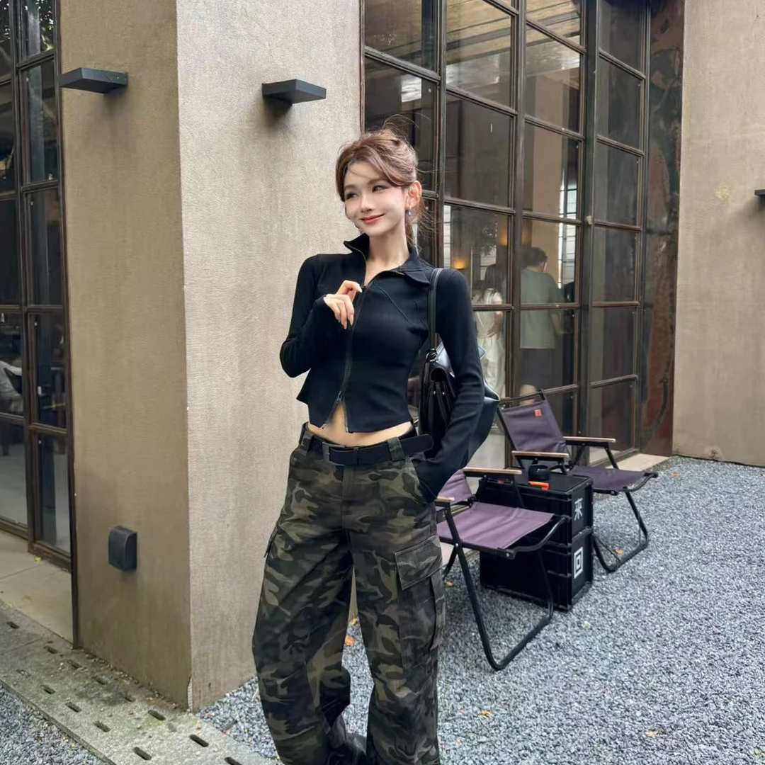 【小蛮腰】立领长袖针织衫女秋季新款修身显瘦短款外套+迷彩裤