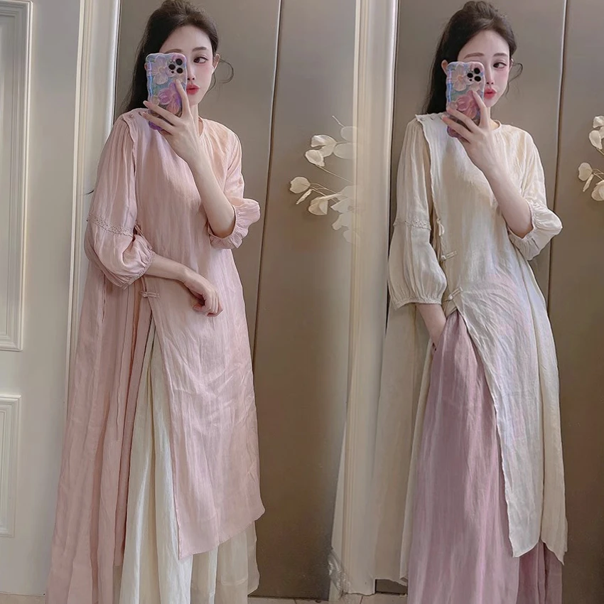 欧货国风盘扣女禅静清冷风新中式中长款连衣裙夏季高端薄款袍子
