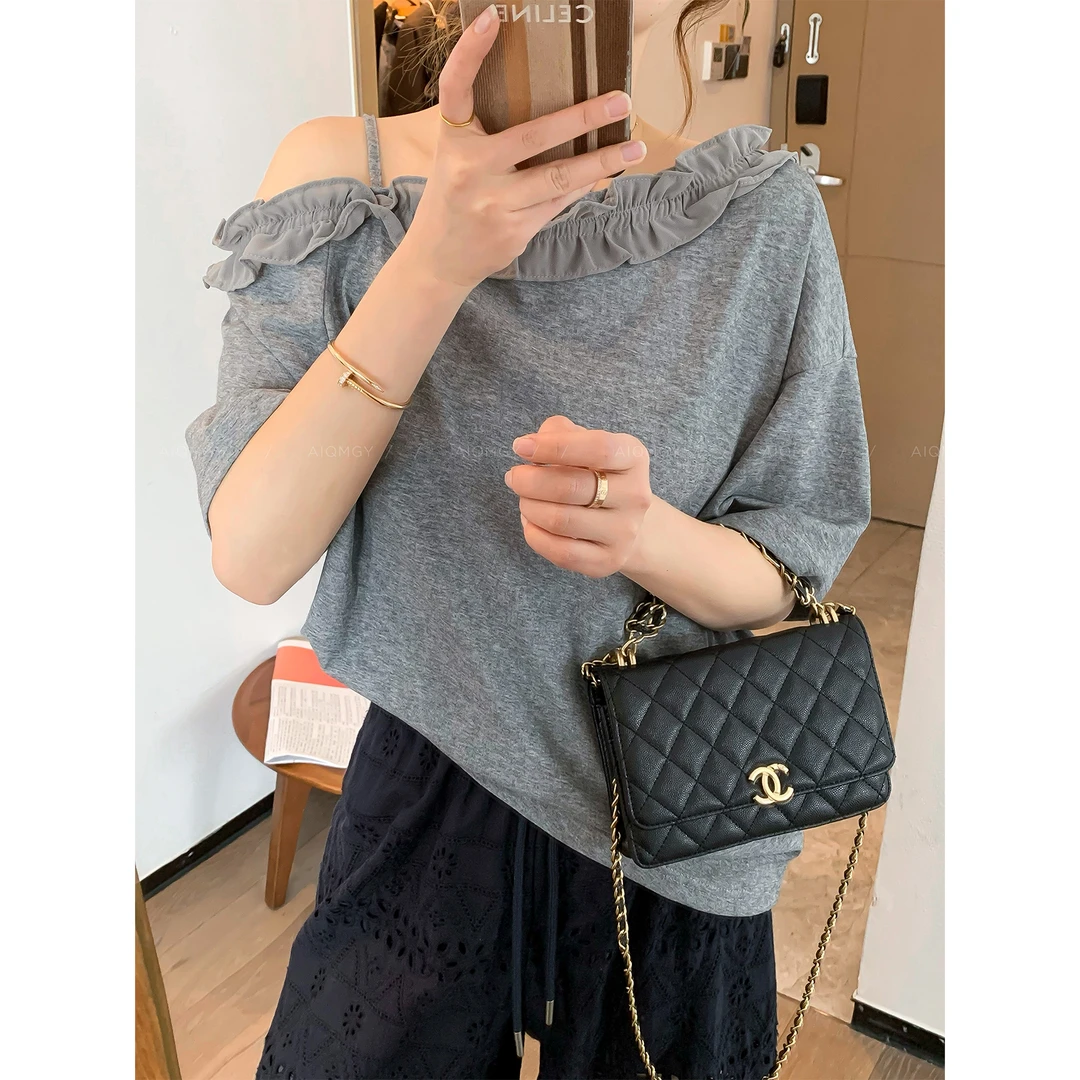 短袖女T恤木耳边2025斜肩夏季上衣灰色新款显瘦宽松设计感上衣