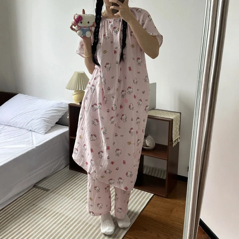 hellokitty大码200斤睡衣女夏季天短袖中长裙薄款卡通可爱睡裙女
