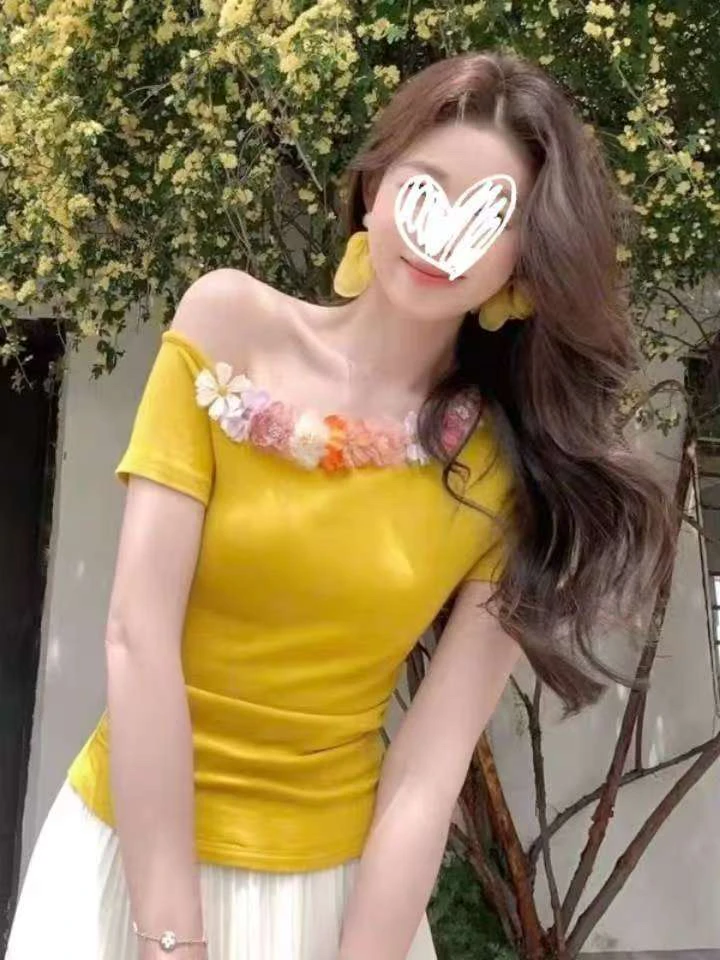 大码辣妹风半袖百搭斜肩性感短袖夏季休闲风小众T恤