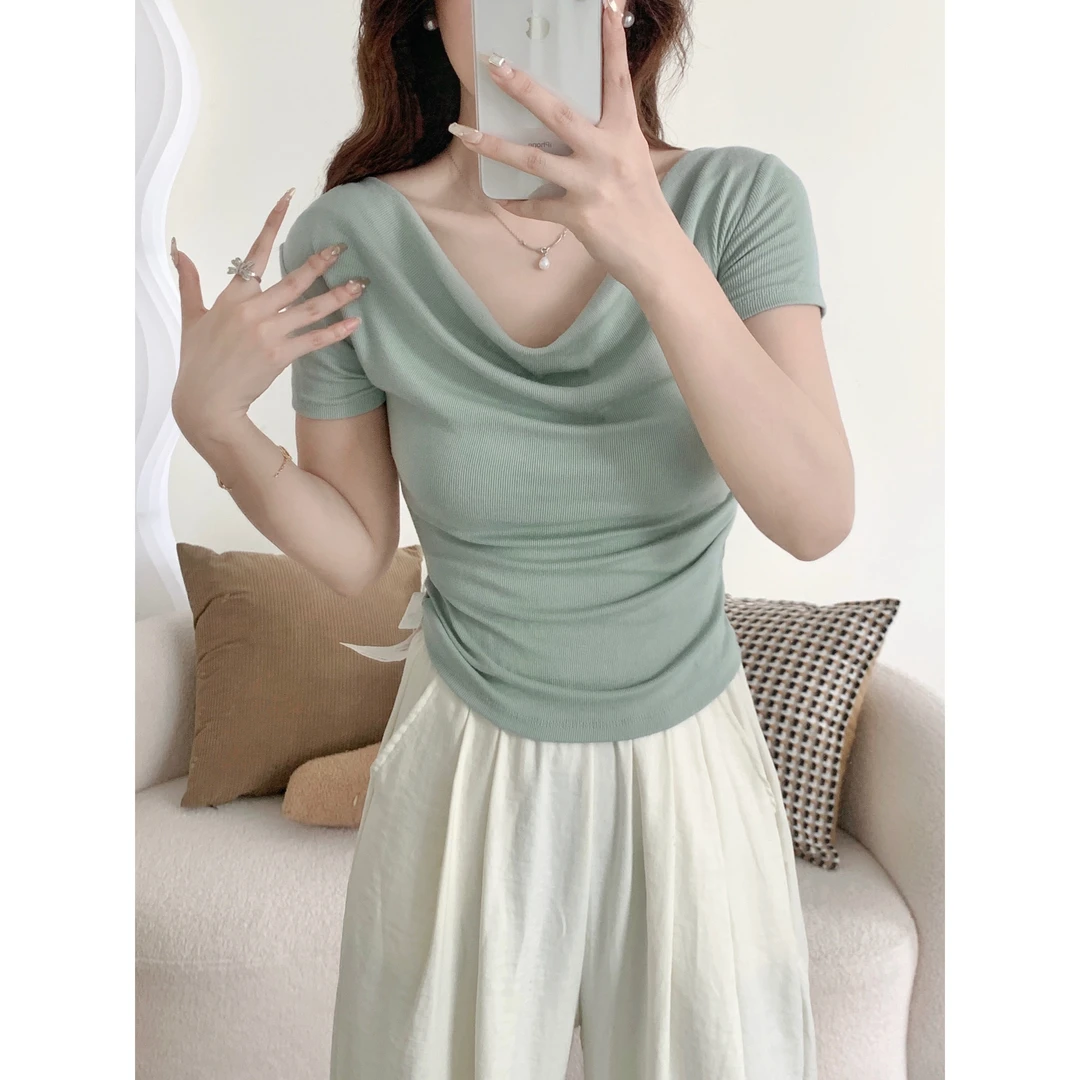 韩系性感荡领短袖t恤女夏季气质高级感收腰显瘦短款超好看上衣潮