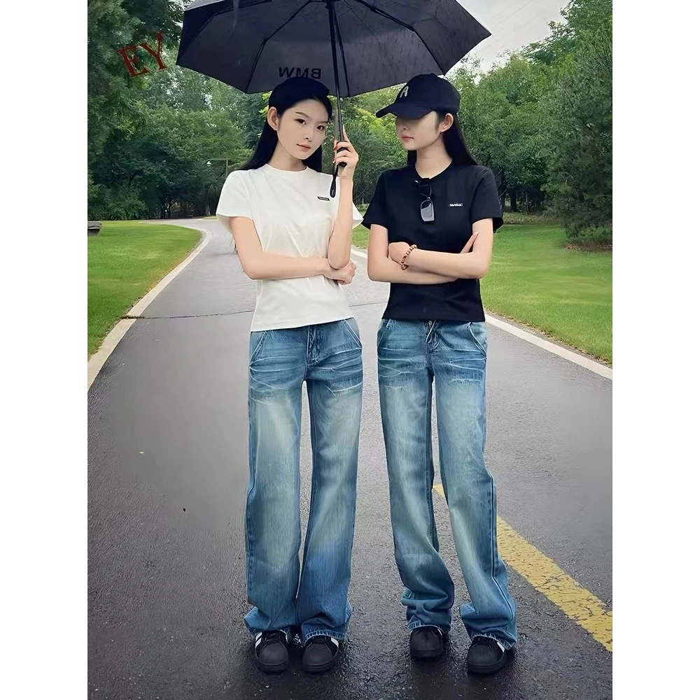 牛仔直筒休闲百搭情侣夏季复古宽松显瘦美式蓝色高腰时尚小众设