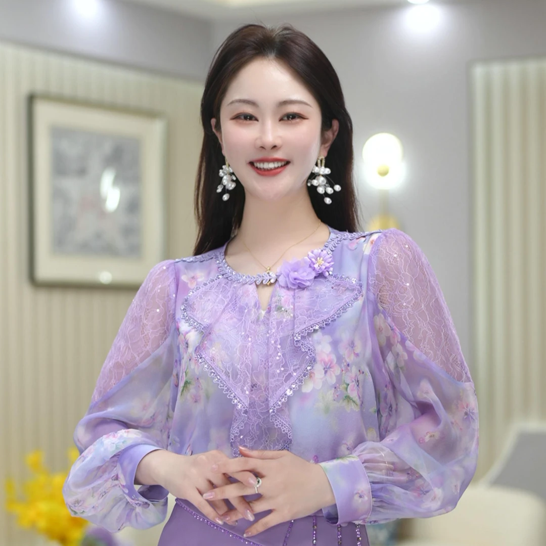 【瑶池仙子】春季新款流行碎花衬衫百搭圆领感设计衬衣女DY5591