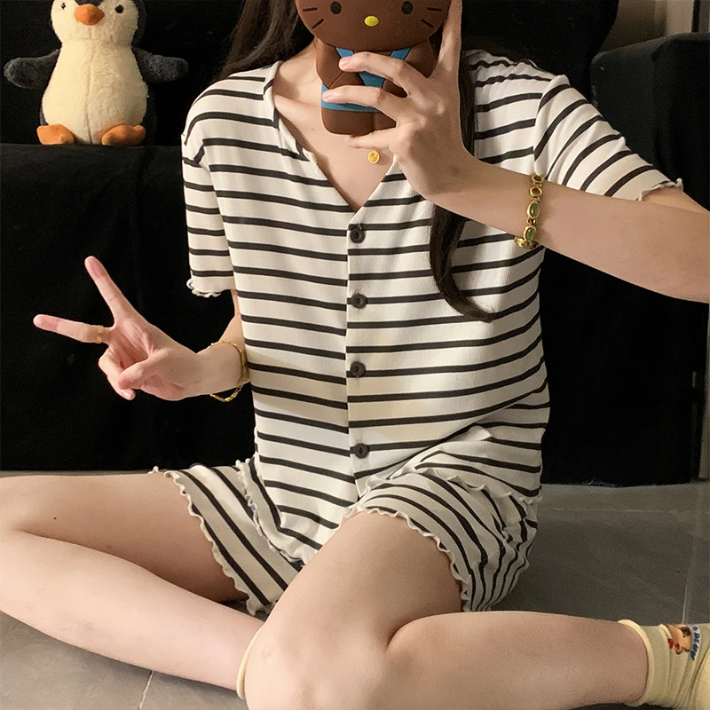2025新款睡衣女网红爆款夏季短袖短裤时尚条纹甜酷家居服套装薄款