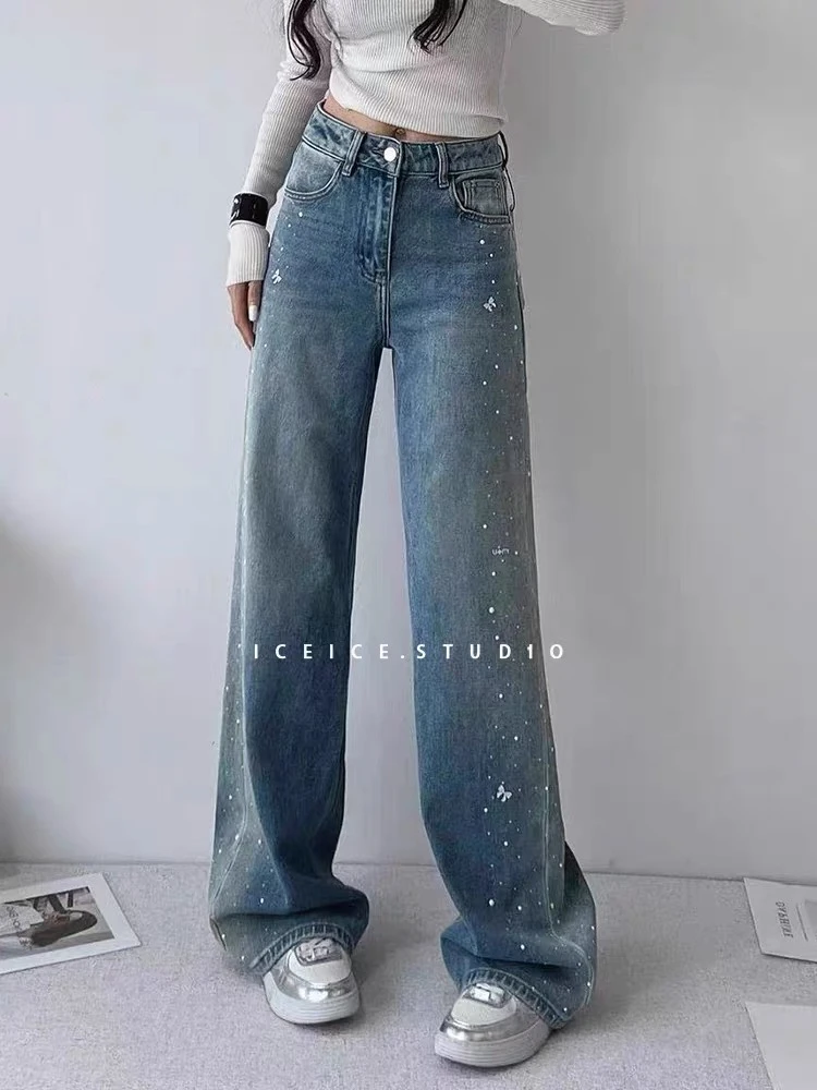 欧货春季新品侧边渐变色直筒牛仔裤重工烫钻蝴蝶图案窄版阔腿裤女