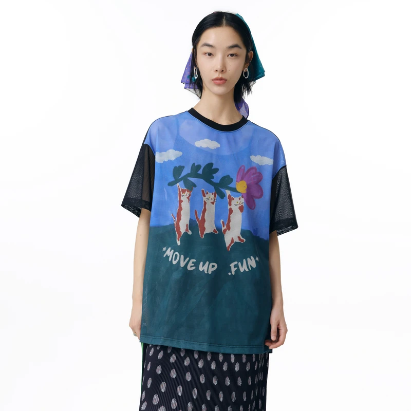 MOVEUP幻走2025夏季新款.FUN 圆领印花中长款短袖T恤女325210545