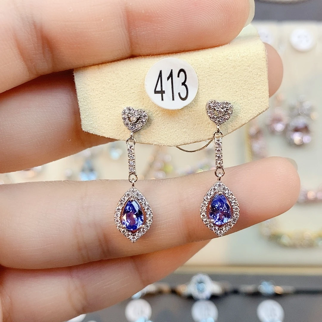 耳饰银S925镶嵌坦桑石