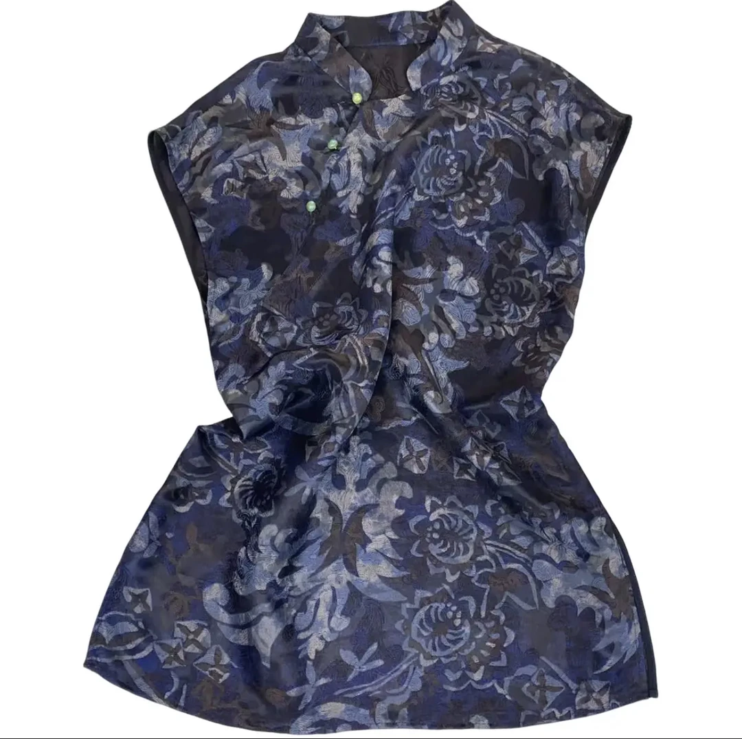 桑蚕丝青花瓷手工盘扣薄款无袖中长款上衣新中式斜襟小衫 H7780