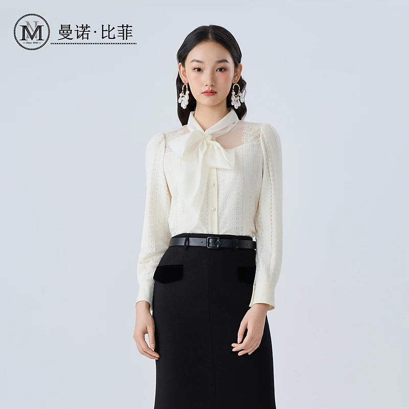 【芊芊专属】冬蝴蝶结飘带衬衫女拼接网纱上衣MFES141007