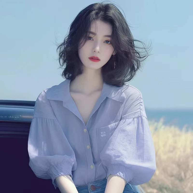 夏季韩系短袖独特设计感紫色灯笼袖衬衫温柔气质绝美V领上衣