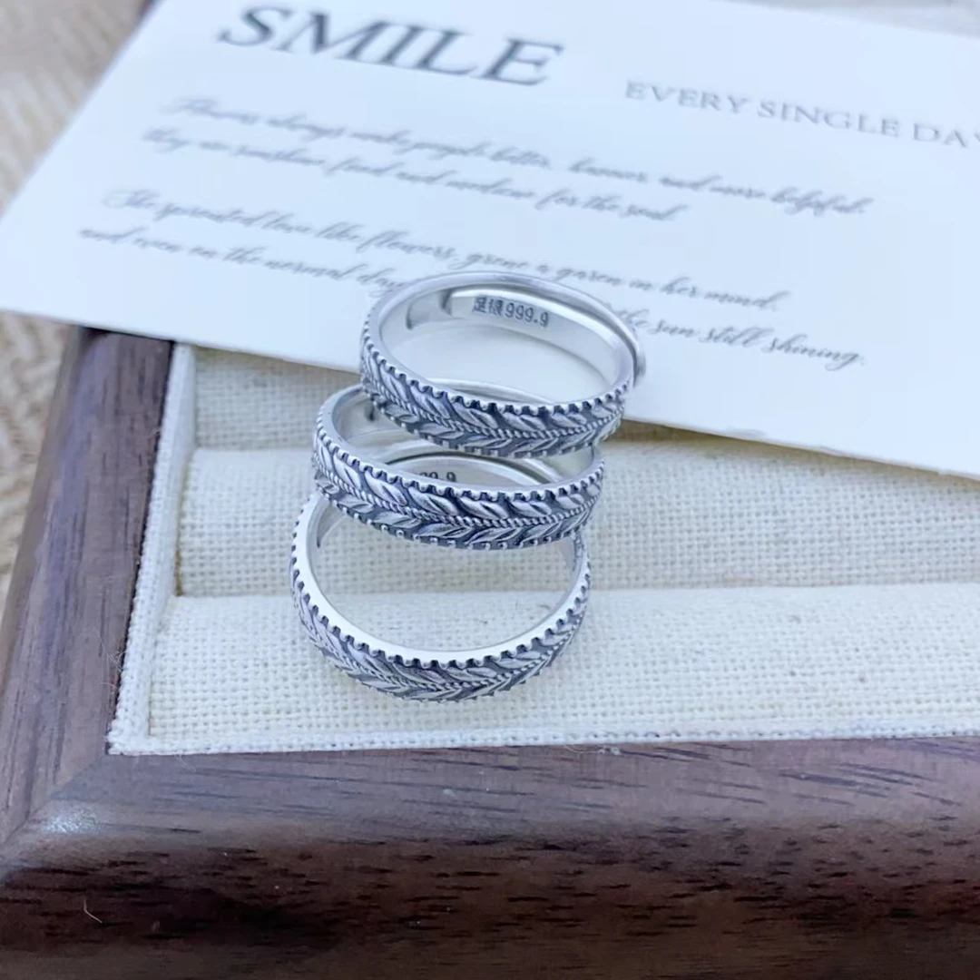 足银戒指 足银999.9 纯银戒指复古麦穗直条戒指 简约精致男女戒
