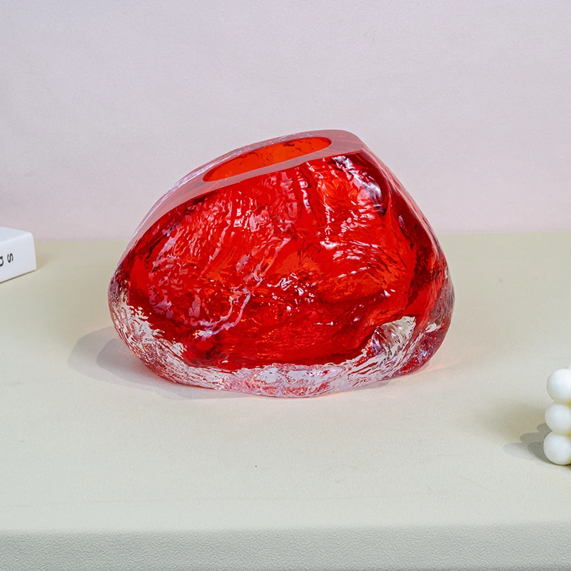 H938红色火山石创意琉璃花瓶轻奢艺术摆件可水培插花花器创意可爱