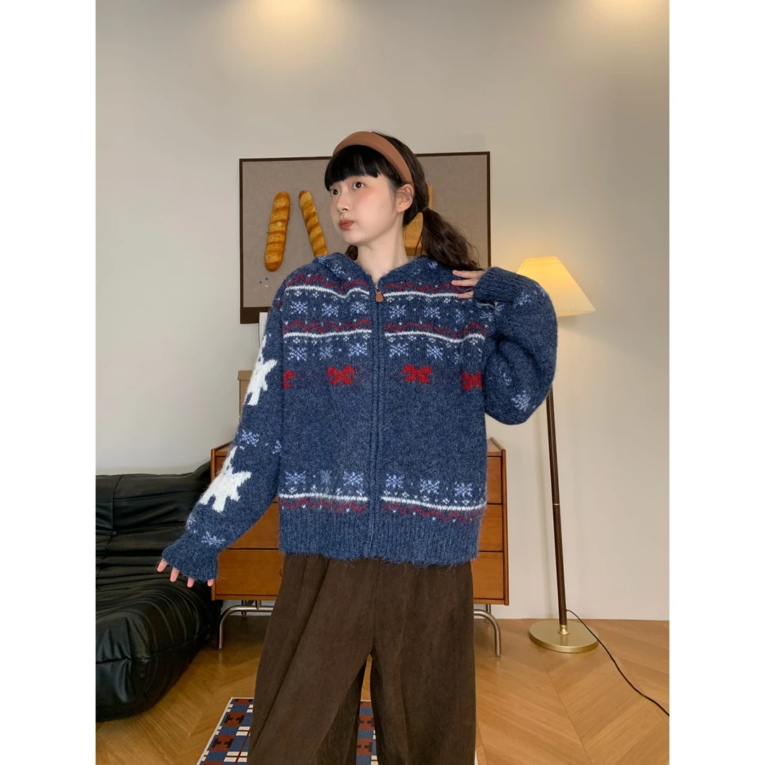 复古慵懒风羊毛连帽毛衣外套女韩版秋冬新款宽松显瘦拉链针织开衫