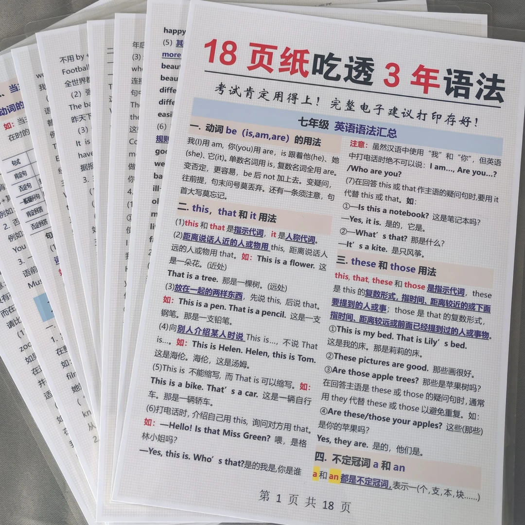 【全套】英语18页吃透初中3年英语语法大全中考复习专项训练闪卡