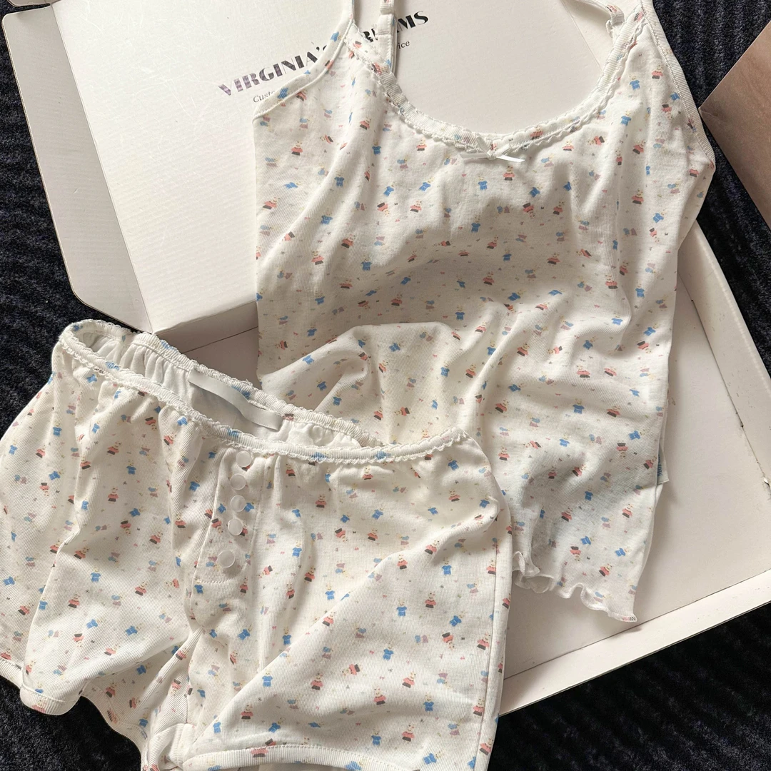 运动风夏日清新卡通印花吊带睡衣女大码舒适家居服套装可外穿