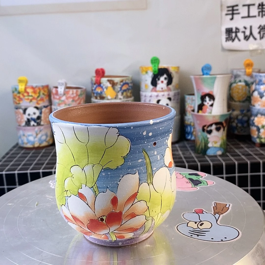 紫砂花盆红陶手绘花盆