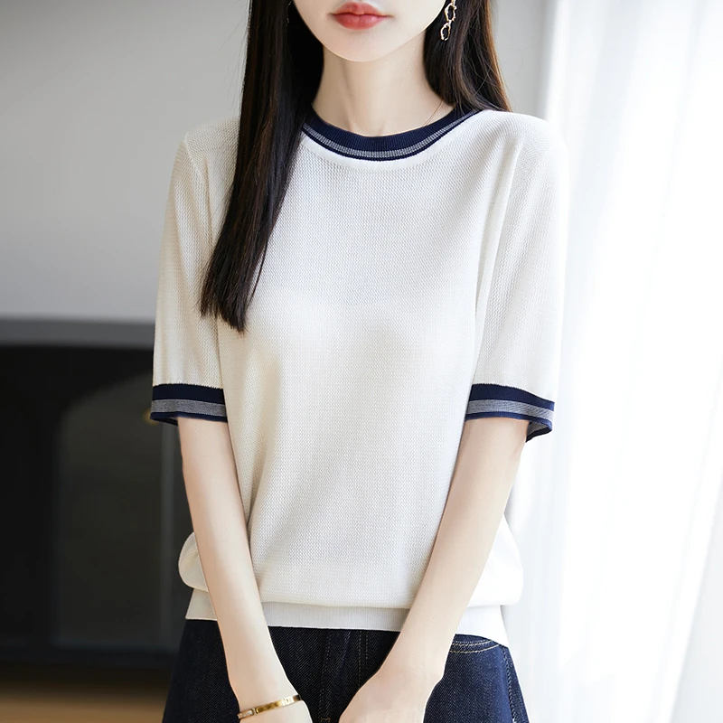品牌夏季领口撞色短袖显瘦洋气百搭时尚时尚薄款设计感圆领针织