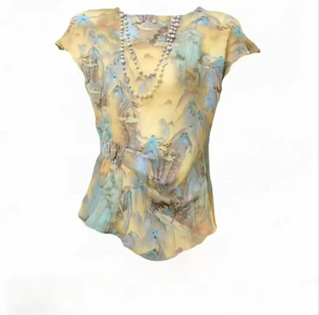 印花修身型甜T恤百搭水墨夏款花色