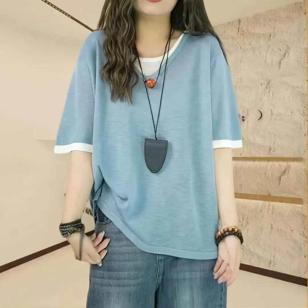 【时尚洋气】2025爆款假两件宽松T恤纯色大码短袖时尚休闲夏装女胖M