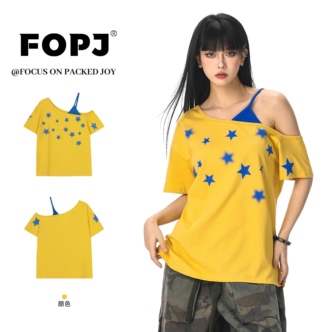 FOPJ美式复古星星印花斜肩假两件吊带短袖t恤多巴胺慵懒风上衣女
