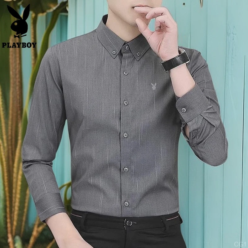 花花公子男装寸衫男装高级感秋季新款长袖衬衫休闲衬衣男士潮流
