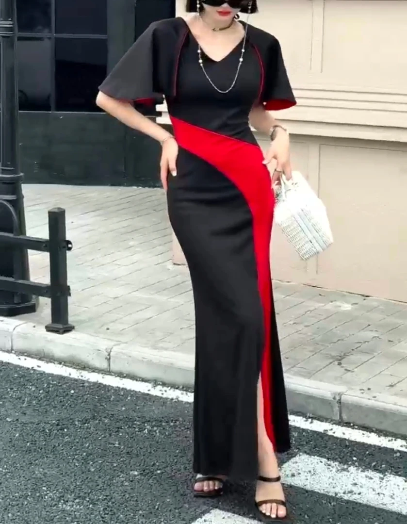 1015-B-2-2-3      夏季新款时尚气质名媛赫本风斗篷式鱼尾连衣裙