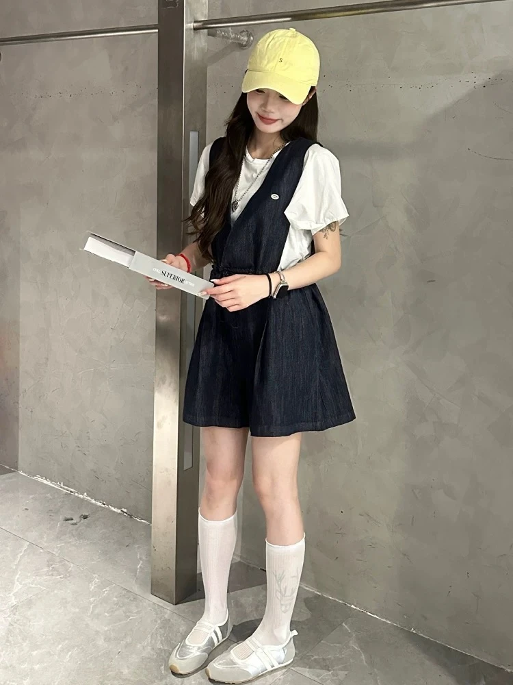 线下门店！牛仔背带裤V领连体裤宽松阔腿短裤短袖套装ZJ589